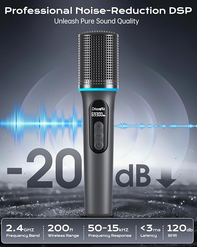 Wireless Microphone, Professional Handheld Dynamic Mic with Rechargeable Receiver, 5-Level Volume Adjustment, Dynamic RGB Lighting, 40-Hour Battery Rechargeable Microphone for Karaoke and Weddings.