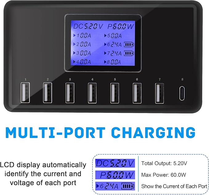60W 12A 8-Port USB Charging Station - Multi Port USB Hub Charger - Compact Size LCD Display - Compatible with iPhone iPad Samsung Kindle Tablet Bluetooth Earbuds and More