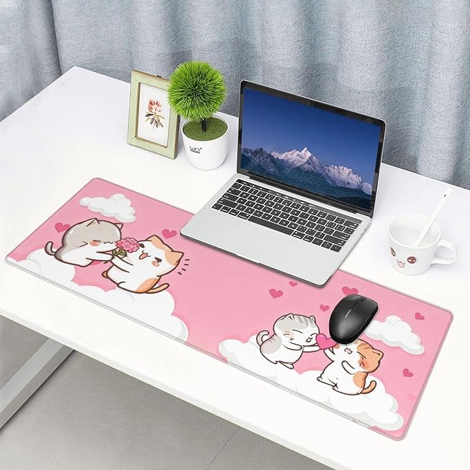 Pink Cat Cute Gaming Mouse Pad Desk Mat for Home and Office, Large Mousepad Extended Keyboard Pad Stitched Edge Accessories Decor