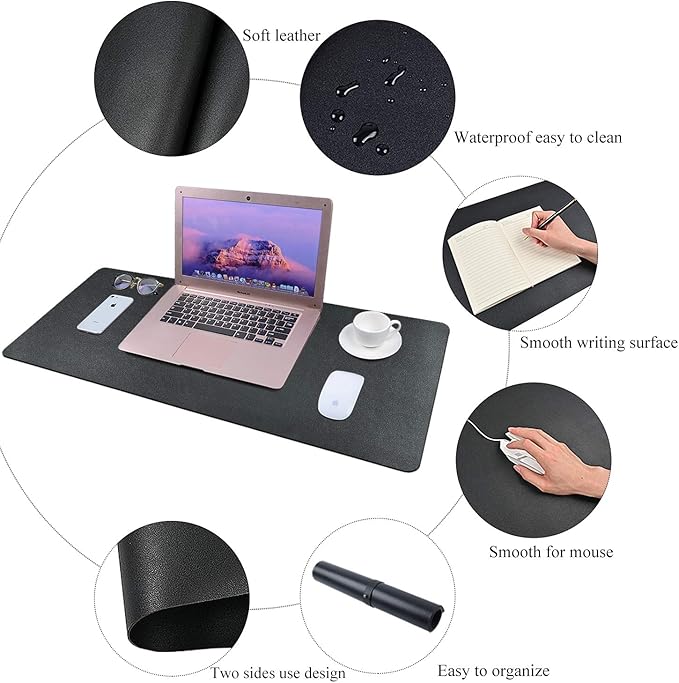 Desk Pad for Office Home 31" x 13",PU Leather Waterproof Large Desk Writing Mat Organizer,Multifunctional Ultra Thin Dual Use Desk Blotters Mouse Pad Protector … (Black)