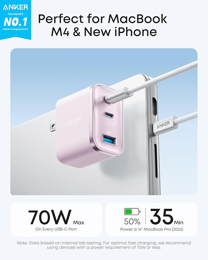Anker Nano Charger, Ultra-Fast 70W Output 3-Port USB C Charger Block, Fast Charging, Compact and Stylish, for iPhone 17/16 Series, MacBook, iPad, Pixel, Galaxy, and More(Pink, Cable Included)