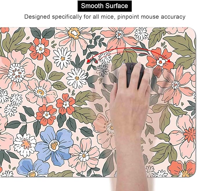 Pink Blue Floral Desk Mat Cute, XL Green Leaf Flowers Extended Mousepad, Non-Slip Rubber Base Stitched Edge Large Mouse Pad Desk Pad for Women Gamer Office,Computer Accessories,31.5 X 11.8 in
