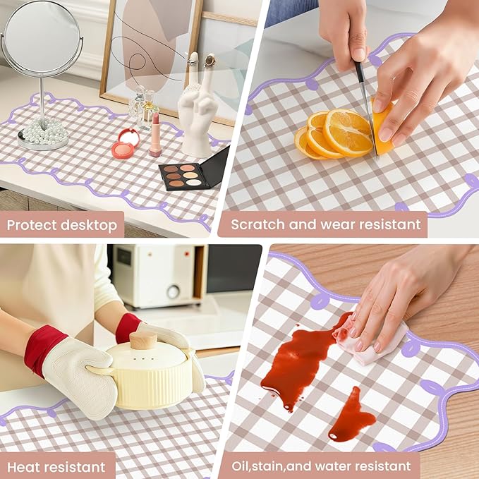Leather Desk Pad, Desk Mat Mouse Pad, Non-Slip Mousepad Waterproof PU Table Blotter for Computer Laptop Extra Large Keyboard Mat for Women Girl Office Home Dorm, Purple Scalloped + Apricot Checkered