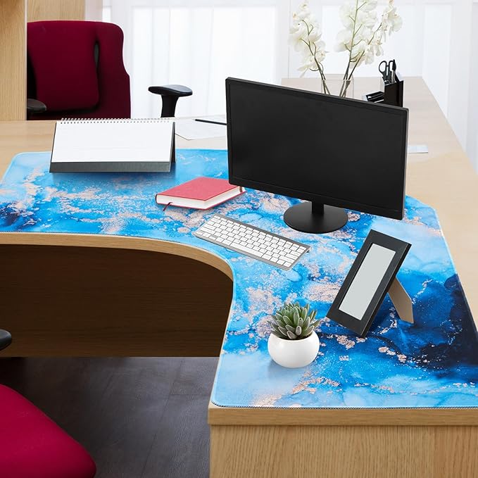 L Shaped Desk Mat for Corner, Large Extended Mouse Pad with Non-Slip Rubber Base, Blue Waterproof Desk Protector for Office & Gaming Setup