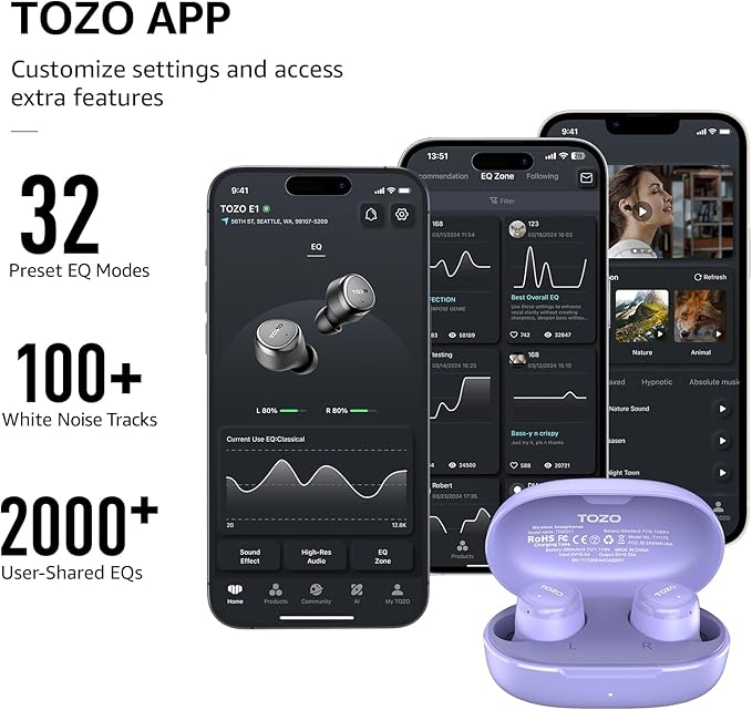 TOZO Wireless Earbuds Build in Mic Clear Calls Ergonomic Light Weight Bluetooth 5.3 in Ear Headphones Waterproof Premium Stereo Sound Ear Buds 30H Playtime with 32 EQs via APP