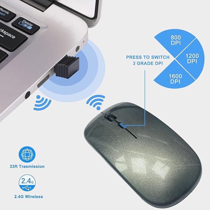 Wireless Mouse, 2.4G Noiseless Mouse with USB Receiver - Portable Computer Mice for PC, Tablet, Laptop with Windows System - Grey