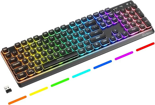 M104 Wireless Gaming Keyboard with Metal Panel Wired/Bluetooth Mechanical Feel Membrane Full Size Keyboard with Numeric Keypad RGB 4000MAH Rechargeable Quiet for PC Gamer-Black