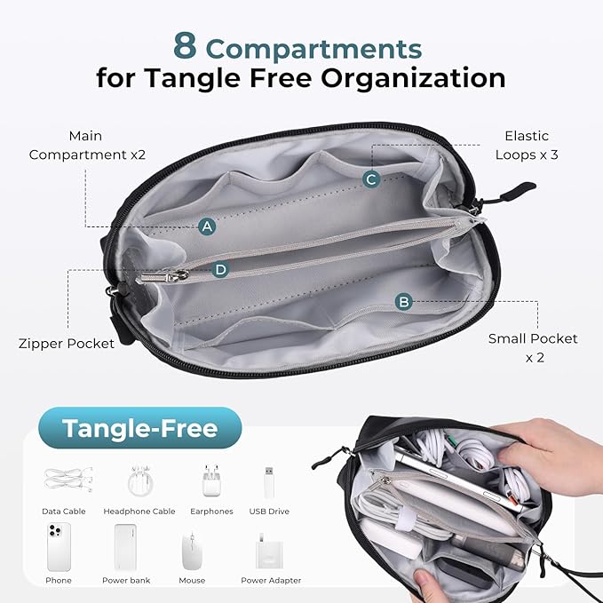 FYY Travel Cable Organizer - 8 Compartments Lightweight Water Resistant Tech Pouch with Wrist Strap, Portable Electronic Accessories Case for Cord Charger Storage for Travel Home Office, Black (Small)