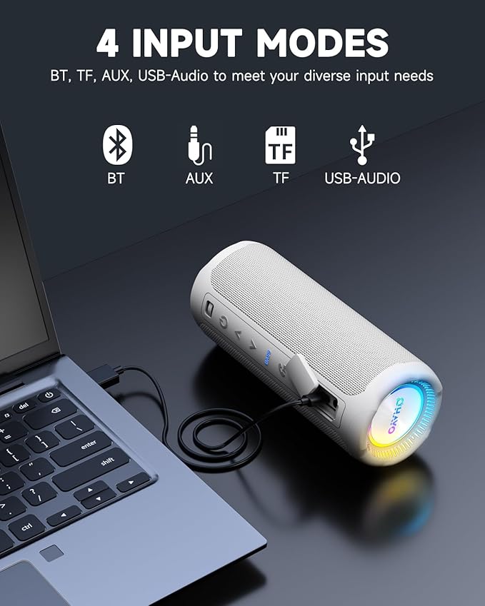 OHAYO Bluetooth Speaker, Portable Wireless, IPX7 Waterproof, Powerful 25W Sound, 24H Playtime, Dual Pairing, Active Bass, Colorful Lights, Bluetooth 5.3, Outdoor Speakers for Home/Party/Beach, White