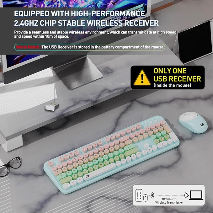 Wireless Keyboard and Mouse Combo, 2.4 GHz Wireless Full-Sized Typewriter Mouse and Keyboard with Round Keycaps for Windows, Computer, Desktop, PC, Laptop (PinkBlue)