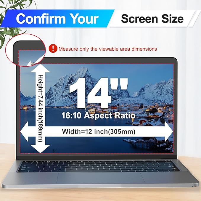 Magnetic Laptop Privacy Screen 14 Inch 16:10 Display, Removable Computer Screen Privacy Shield, Anti-Glare Blue Light Protector Compatible with Dell Hp Lenovo Acer Asus Samsung