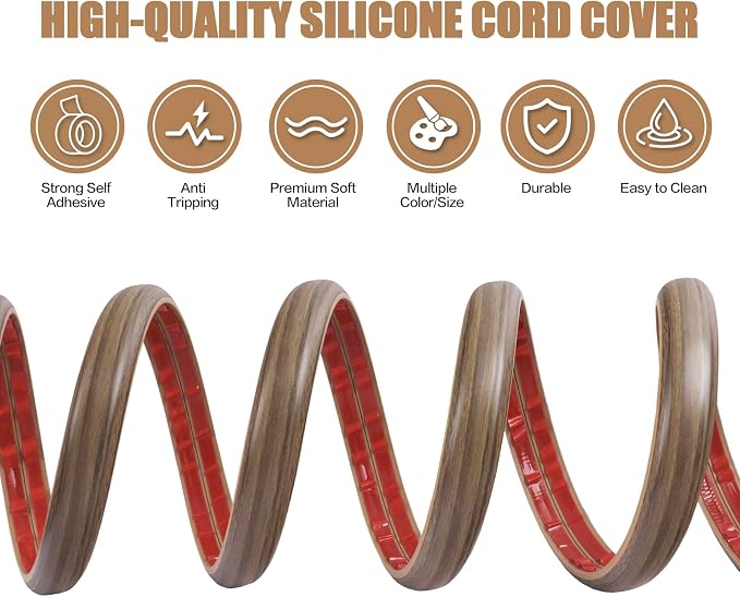 Floor Cord Cover Self Adhesive Cord Hider,10FT Cable Management, Extension Strip Protector for Wires, Prevent Cable Trips for Offices, Gyms, Exhibitions Cavity:0.47"(W) x0.35(H) Woodsmokedbrown - Image 3
