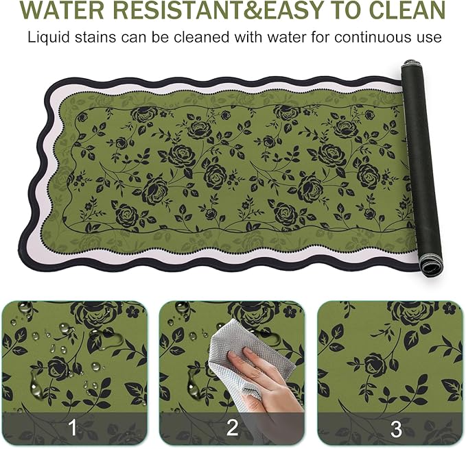 L-SPOUTTO Green Floral Mouse Pad,Aesthetic Desk Mat XXL Large Scalloped Gaming Mousepad,35.4x15.7in Non-Slip Keyboard Pad Waterproof Desktop Mat for Laptop Computer Work Game Office-Vintage Roses
