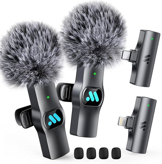 2pcs Dual Receivers Mini Microphone for iPhone iPad Android Video Recording,Lavalier Wireless Microphones for Game,Live Streaming,Interviews,YouTube,TikTok,Vlog