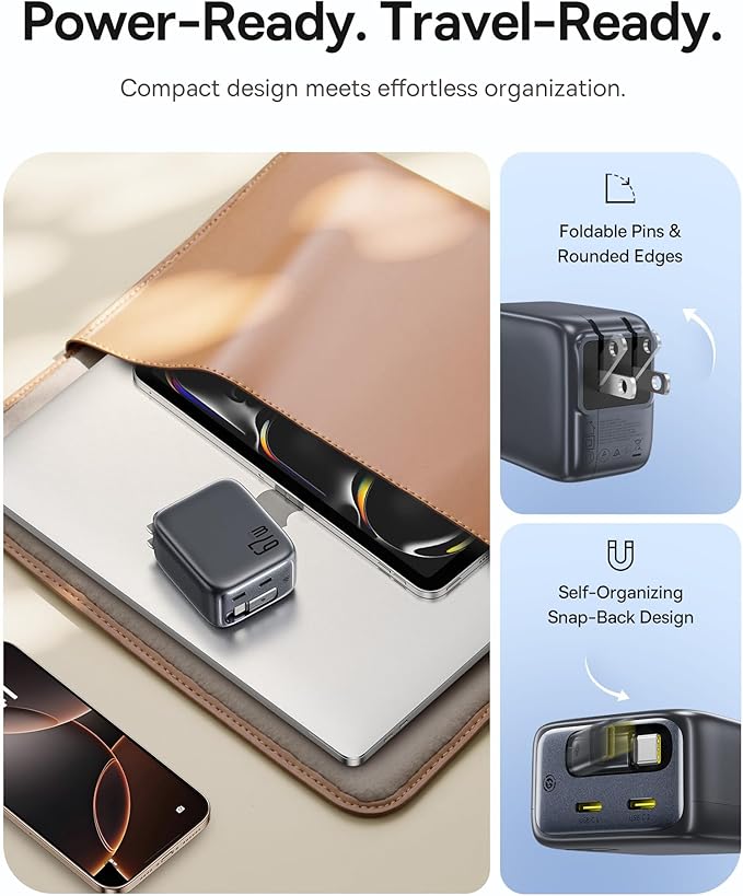 Baseus Portable Charger with Built in Cable, 100W Laptop Power Bank 20000mAh Bundle with Enercore CJ11 Retractable USB C Charger, 67W 3 in 1 Fast Charging Block with Foldable Plug