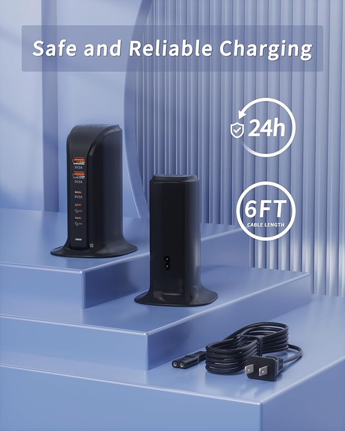 USB C Charging Station for Multiple Devices,55W Multiport USB Tower Charger,5 Port USB C Wall Charger Block for iPhone,iPad,Samsung (Black)