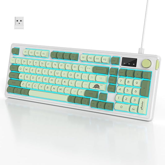 96% Wireless Keyboard with Number Pad and Knob,3-Modes Wired/Bluetooth 5.0/2.4G 98 Keys ABS Ball Caps RGB Quiet Mechanical Feel Membrane Gaming Keyboard for Win/Mac（Matcha）