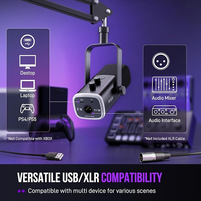 FIFINE XLR/USB Gaming Microphone Set, Dynamic PC Mic for Streaming Podcasting, Computer RGB Mic Kit with Boom Arm Stand, Mute Button, Headphones Jack, for Recording Vocal Voice-Over-AmpliGame AM8T