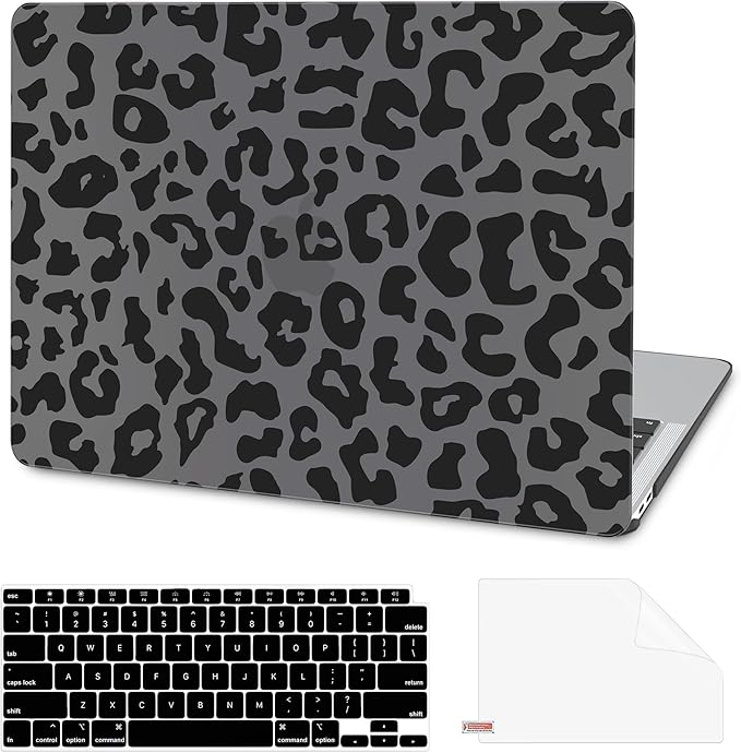 AKIT Compatible with MacBook Air 13 Inch Case M1 2022 2021 2020 2019 2018 A2337 A2179 A1932, Pattern Hard Shell Laptop Case+Screen Protector+Keyboard Cover for Mac Book Air 13.3 Inch, Black Leopard