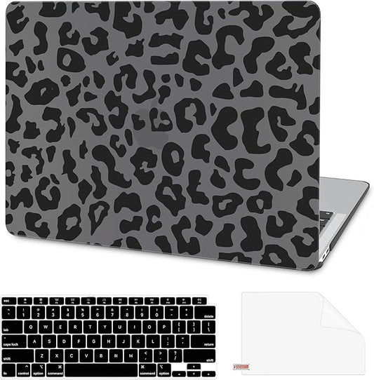 AKIT Compatible with MacBook Air 13 Inch Case M1 2022 2021 2020 2019 2018 A2337 A2179 A1932, Pattern Hard Shell Laptop Case+Screen Protector+Keyboard Cover for Mac Book Air 13.3 Inch, Black Leopard