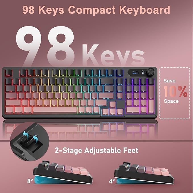 BlueFinger Wireless Gaming Keyboard, RGB Backlit, Tri-Mode Bluetooth/2.4G/USB-C, 98 Keys Quiet Keyboard with Number Pad, Volume Knob & Screen, Side Printed PBT Keycaps for PC/Mac/Laptop