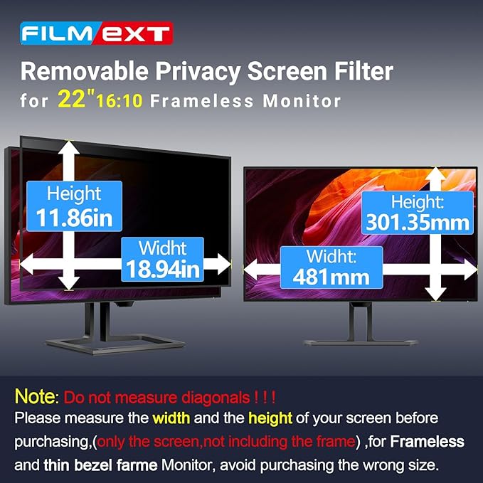 FILMEXT 2 Pack 22 Inch Computer Privacy Screen Filter for 16:10 All-in-One Desktop/Frameless Monitor - Removable Blue Light UV Blocking Privacy Shield for Thin Bezel Computer