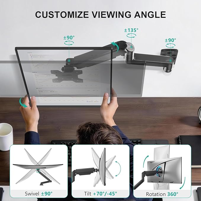 WALI Computer Monitor Wall Mount for 17 to 32 Inch Screens, Single Monitors Mount Holds up to 22lbs, Fully Adjustable Wall Mount Monitor Arm, 75x75/100x100mm VESA Mount (GSWM001), Black