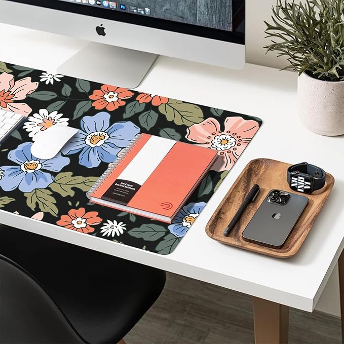Desk Mat Large Protector Pad 23.6" ×11.8", Non-Slip PU Leather Desk Blotter, Waterproof Mouse Pad for Office Home Wildflower