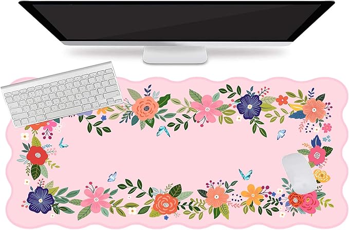 L-SPOUTTO Pink Mouse Pad,Floral Desk Mat XXL Large Scalloped Gaming Mousepad,35.4x15.7in Non-Slip Rubber Base Keyboard Pad Waterproof Girly Desktop Mat for Laptop Computer Game Home Office-Pink Floral