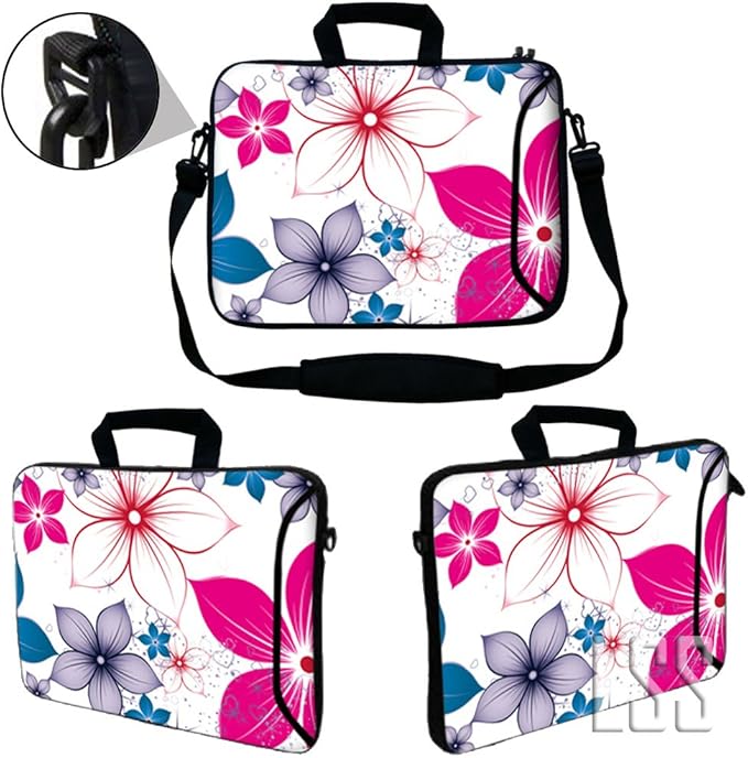LSS 17 17.3 inch Laptop Sleeve Bag Compatible with Acer, Asus, Dell, HP, Sony, MacBook and More | Carrying Case Pouch w/Handle & Adjustable Shoulder Strap,White Pink Blue Flower Leaves
