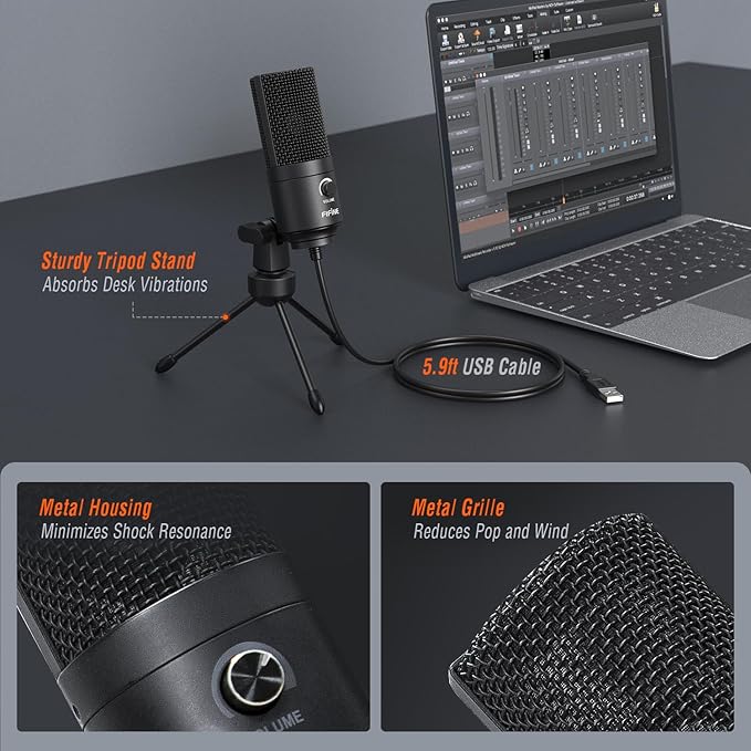 FIFINE USB Microphone, Metal Condenser Recording Microphone for MAC OS, Windows, Cardioid Laptop Mic for Recording Vocals, Voice Overs, Streaming, Meeting and YouTube Videos-K669B