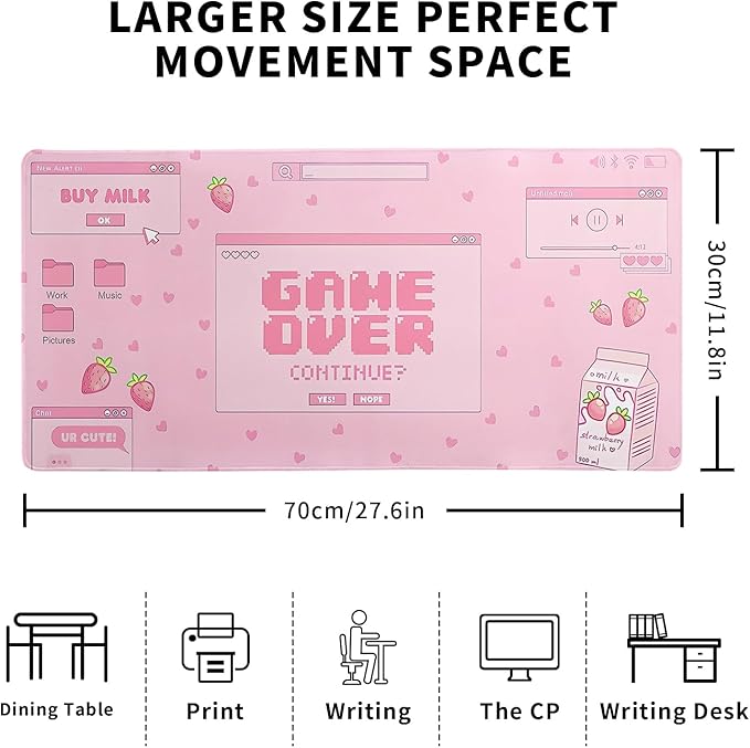 Pink Gaming Mouse Pad 27.6x11.8 Inch Pastel Game Over Large Mousepad Kawaii Office Decor for Women Non-Slip Rubber Base Stitched Edges Keyboard Mouse Mat Desk Pad for Office Home and Game