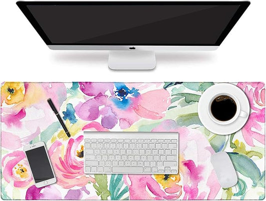 HAOCOO Floral Extended Desk Pad, Large Mouse Mat With Edge Stitching, 2 MM Thick Waterproof Computer Keyboard Mat, Non-Slip Rubber Base for Office
