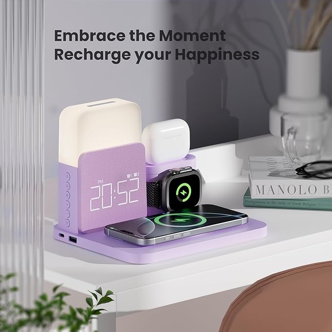 7 in 1 Charging Station for iPhone, Wireless Charging Station, Alarm Clock, Night Light, Wireless Charger for iPhone 17 16 15 14 13 12 Pro Max & Apple Watch - Charging Stand Dock for AirPods(Purple)