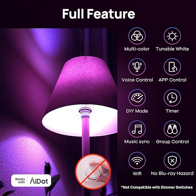 Linkind Matter Smart Light Bulb, Smart Bulbs Work with Apple Home/Siri/Alexa/Google Home/SmartThings, LED Color Changing Light Music Sync RGTBW, Smart Home, 60W 800LM A19 E26 2.4Ghz WiFi Only, 2 Pack