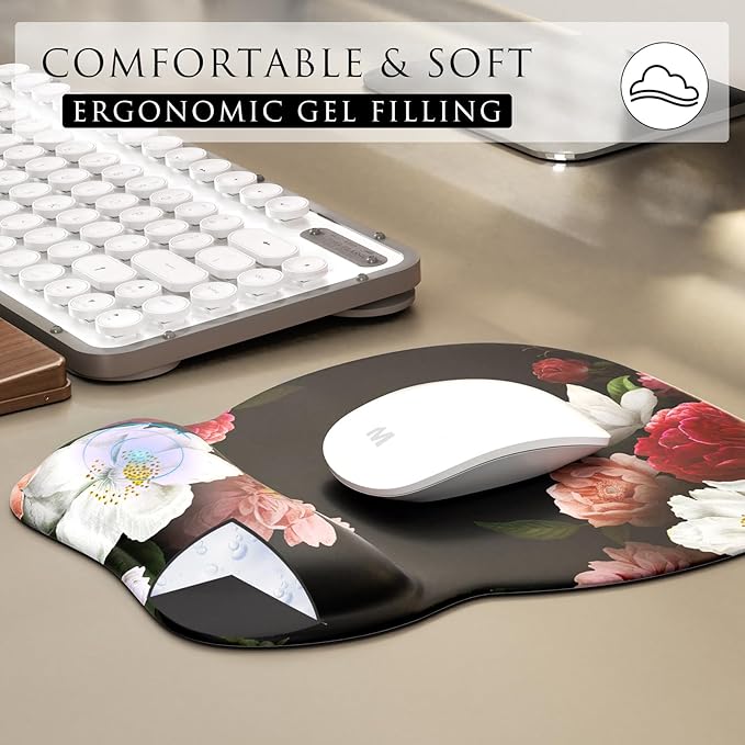 MROCO Ergonomic Mouse Pad with Gel Wrist Rest, Smooth Wrist Support Surface, Non-Slip PU Base for Pain Relief, Comfortable Mousepad for Computer, Laptop, Office & Home, 9.4 x 8.1 in, Black Flower