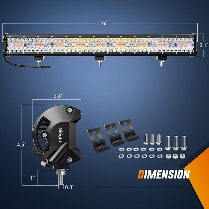 Nilight 26Inch 540W LED Light Bar Spot Flood Amber White Strobe 6 Modes with Memory Function Off-Road Truck Car ATV SUV Cabin Boat with 16AWG Wiring Harness Kit-1 Lead