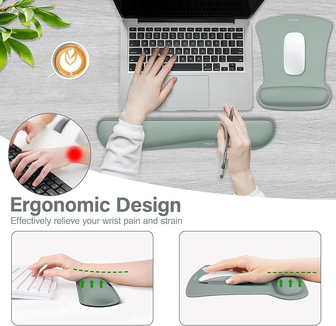 MOSISO Wrist Rest Support for Mouse Pad & Keyboard Set, Ergonomic Mousepad Non-Slip Base Home/Office Pain Relief & Easy Typing Cushion with Neoprene Cloth & Raised Memory Foam, Antique Green