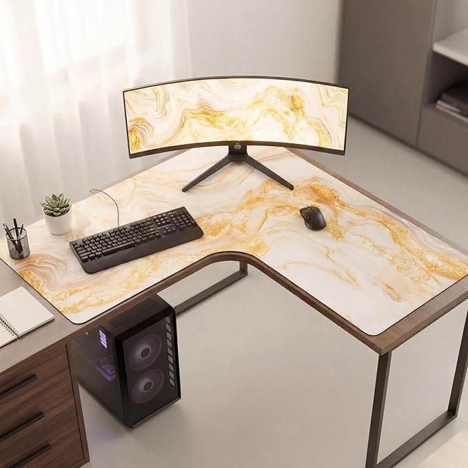 L Shaped Desk Mat for Corner, Large Extended Mouse Pad with Non-Slip Rubber Base, Gold Waterproof Desk Protector for Office & Gaming Setup