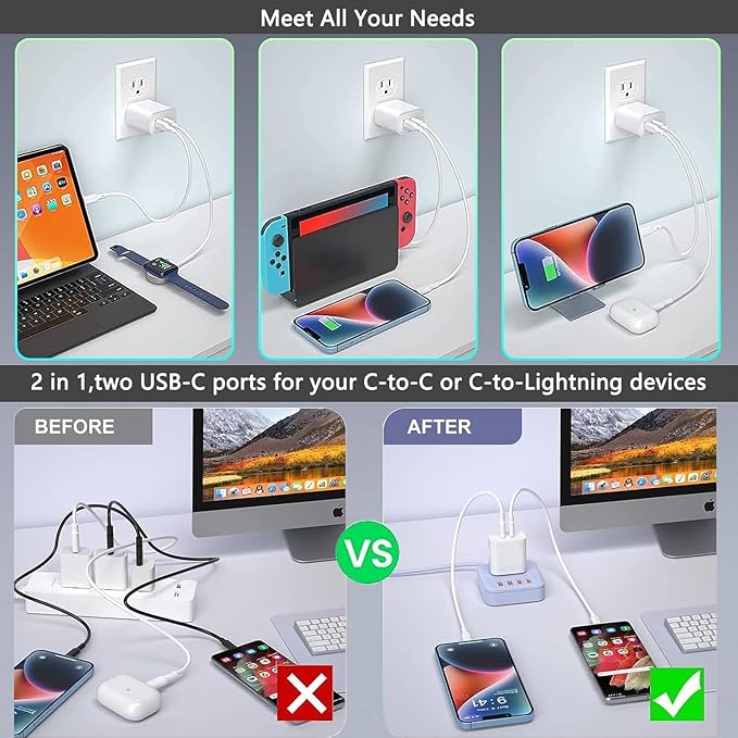 USB C Fast Charger Block,USB C Charging Block 3-Pack Type C 2in1 Dual Ports Plug Wall Charger,Fast Type C Charger for iPhone 17/17e/17Pro/17 Pro Max/Air/16e/16Plus/16Pro Max/15/14/13/12/11/Xs Max/XR/X