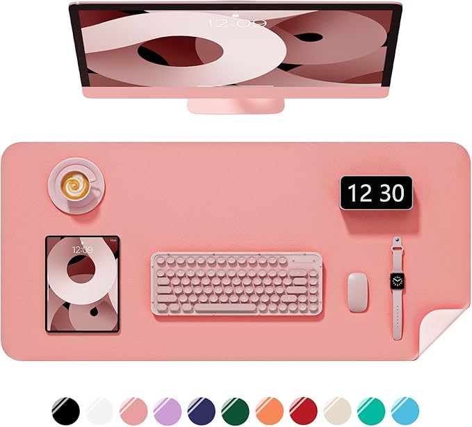 Desk Pad, 23.6" x 13.8" PU Leather Non-Slip Desk Mat Large Mouse Pad for Desktop, Waterproof Laptop Computer Writing Mat for Office, Home, Work, Gaming, Flower Pink