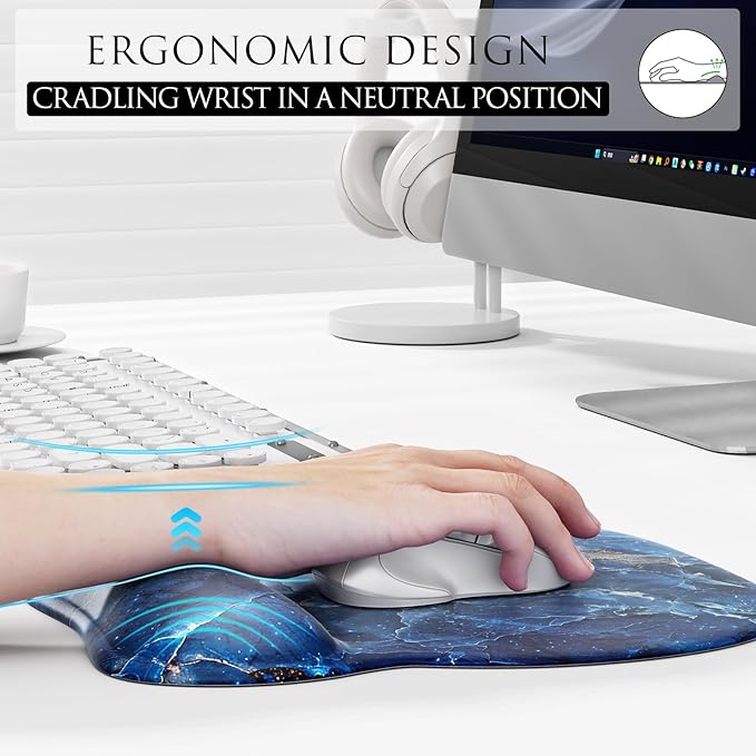 MROCO Ergonomic Mouse Pad with Gel Wrist Rest, Smooth Wrist Support Surface, Non-Slip PU Base for Pain Relief, Comfortable Mousepad for Computer, Laptop, Office & Home, 9.4 x 8.1 in, Ocean Marble