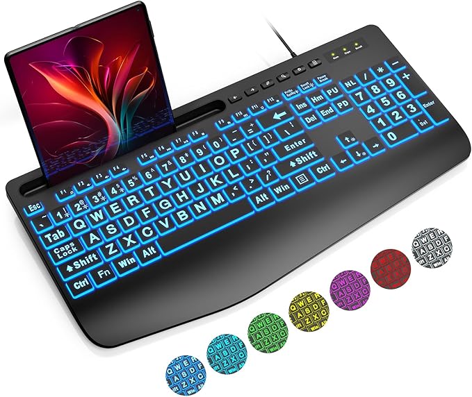 SABLUTE K21 Pro Large Print Backlit Keyboard, Wired USB Computer Keyboards with 7-Colors Backlight, Wrist Rest, Phone Holder, Oversized Letter Keys Easy to See and Type for Laptop, PC, Windows, Black