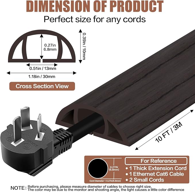 Floor Cord Cover Self Adhesive Cord Hider,10FT Cable Management, Extension Strip Protector for Wires, Prevent Cable Trips for Offices, Gyms, Exhibitions Cavity:0.39"(W) x 0.27"(H) Black Wood - Image 2