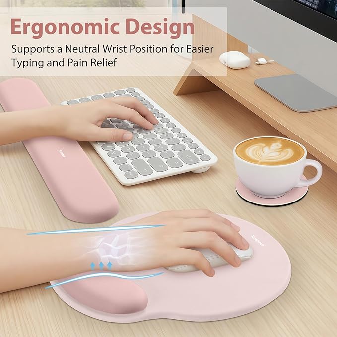 Sushret Mouse Pad and Keyboard Wrist Rest, 3-in-1 Gel Memory Foam Ergonomic Mouse Pad with Wrist Rest Set, Gaming Mousepad Arm Cushion Support for Computer Office Desk Accessories Cute Setup, Pink