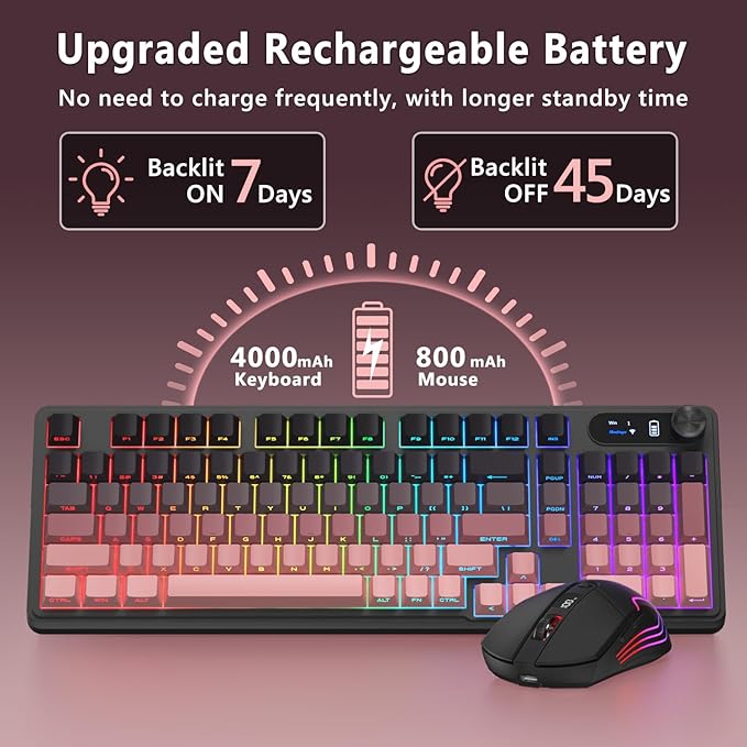 BlueFinger Wireless Gaming Keyboard and Mouse Combo, RGB Backlit, Tri-Mode Bluetooth/2.4G/USB-C Wired, 98 Keys Quiet Keyboard with Number Pad, Volume Knob & Screen, 4800 DPI Mouse for PC/Mac/Laptop