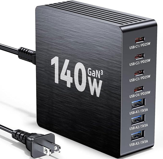 USB C Charging Station, 140W GaN III 7 Port Fast Charger Station, PD 3.0 USB Charging Station for Multiple Devices, USB Charging Hub, Multiple USB C Charger Station for iPad iPhone Samsung Android