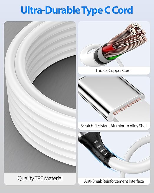 20ft Long USB A to USB C Cable Heavy-Duty for 10W 12W 18W 20W USBA Charger Block for Tapo/TP-Link for Xiaomi/Mi for eufy Security Camera Power Bank Cord Type C USB2.0 Data Transfer Charging Wire White