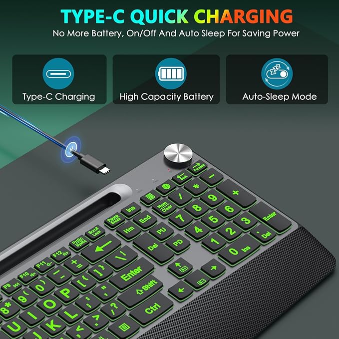Large Print Backlit Wireless Keyboard with Wrist Rest-Low-Profile,Phone/Tablet Holder,Rechargeable with Light Up Keyboard,Ergonomic Quiet Computer Keyboard for Desktop,Laptop, PC, Mac-Grey