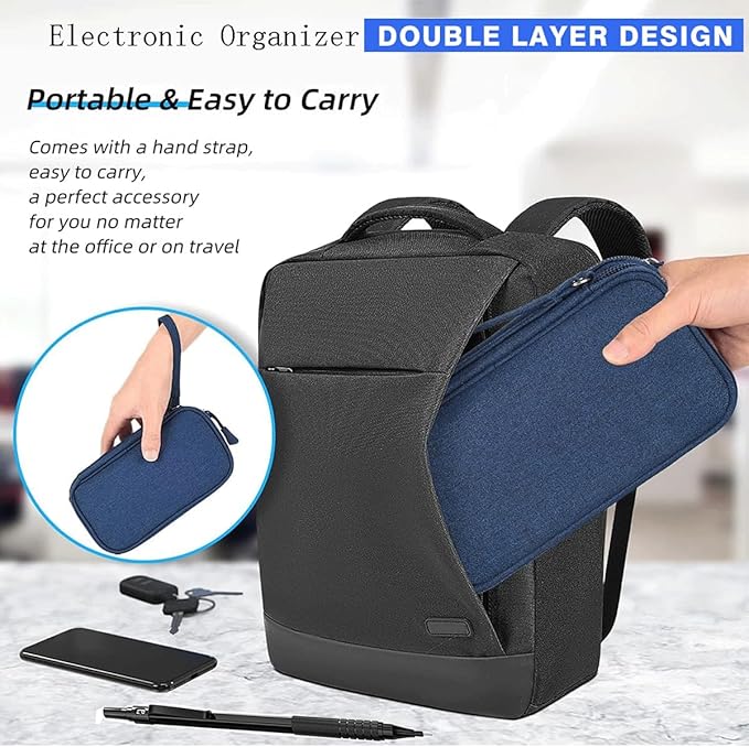 Electronic Bag Travel Cable Accessories Bag Waterproof Double Layer Electronics Organizer Portable Storage Case for Cable, USB, Cord, Charger, Phone, Power Bank, Earphone (Navy Blue, Large)